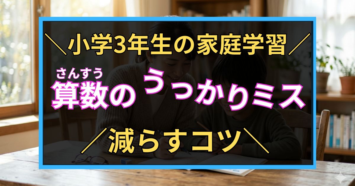 「小学3年生の家庭学習　算数のうっかりミス　減らすコツ」と書いた黒板風のアイキャッチ画像