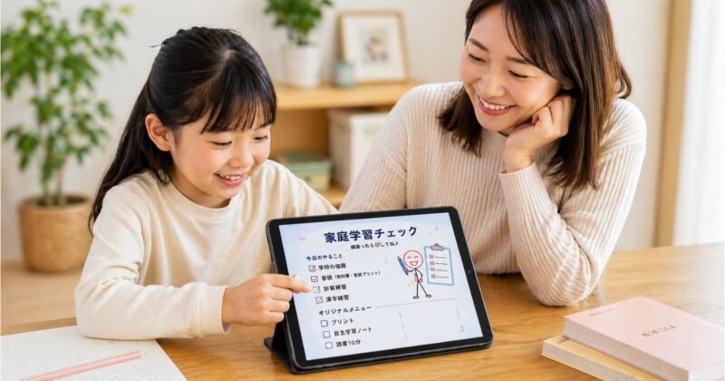 親子で家庭学習のチェックリストを確認している