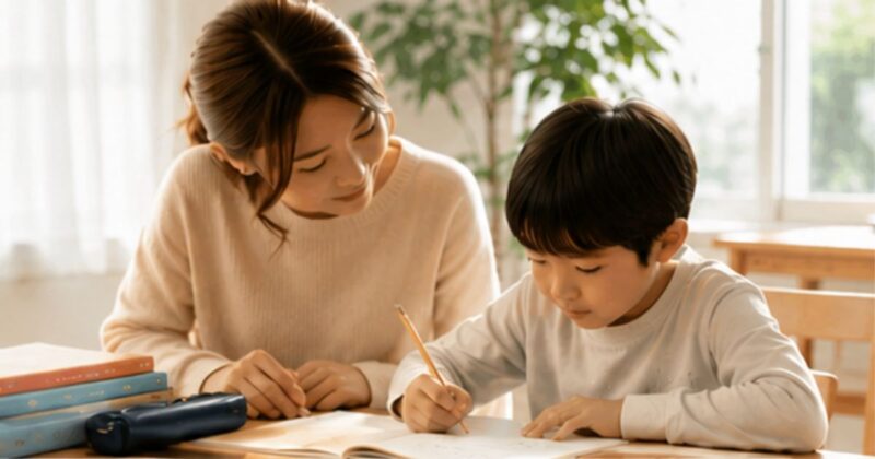 親子でリビング学習に取り組む家庭学習風景