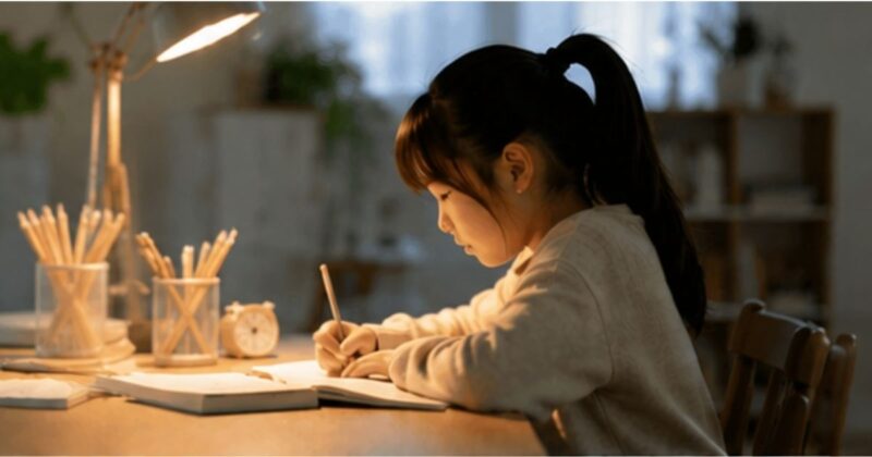 夜の机で集中して勉強する女の子の家庭学習風景