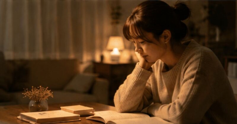 夜のリビングで勉強や子育てについて考える母親の姿