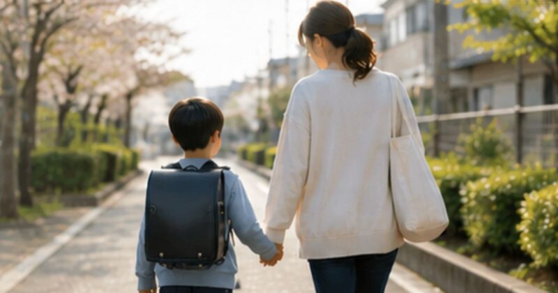 手を繋ぎながら通学路を歩く親子の後ろ姿の風景