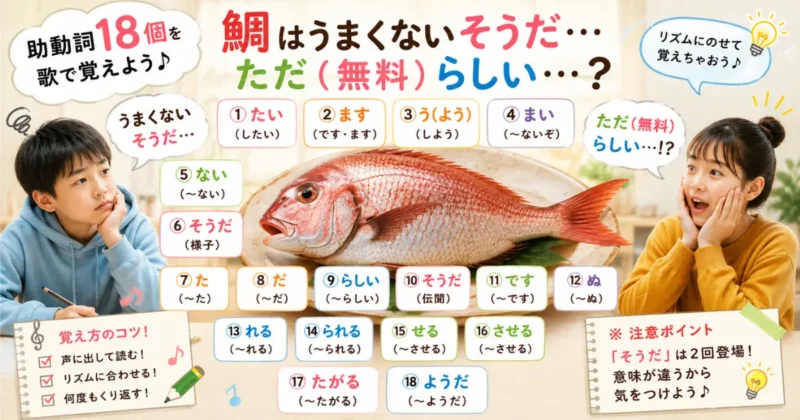 中学生向け助動詞18個の覚え方｜鯛はうまくないそうだ？（イメージしている様子）で楽しく覚える国語文法ポスター