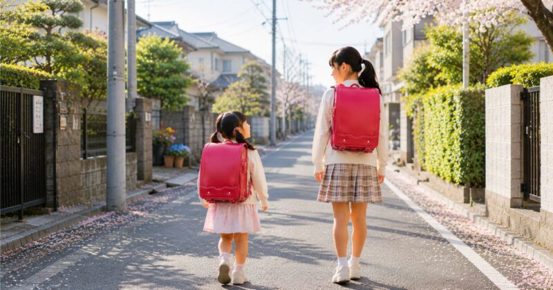 小学1年生の女の子と小学6年生の女の子が、ランドセルを背負いながら楽しそうに登校している後ろ姿。