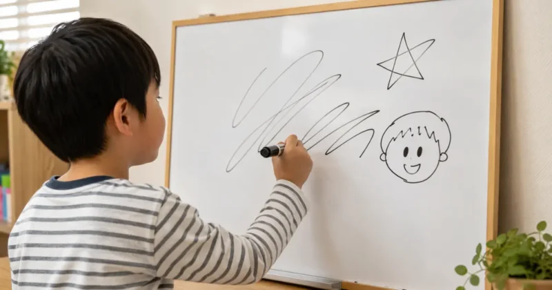 小学生がホワイトボードに油性マジックで文字や絵を書いている様子